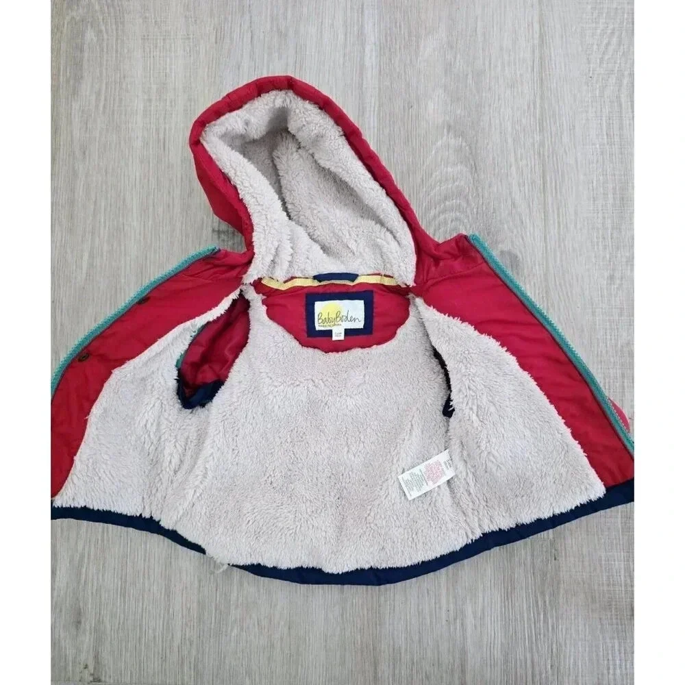 Baby Mini Boden Hooded Navy Red Convertible Coat Jacket Vest Sherpa 3-6 Months